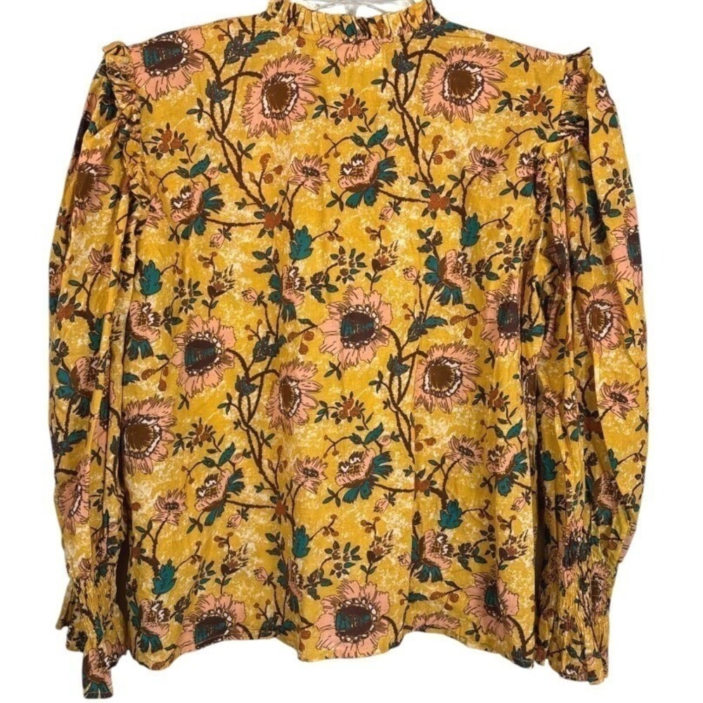 Bindu Corinne Floral Ruffle Neck Cotton Boho XL Mustard Yellow Prairie Top - Picture 3 of 10